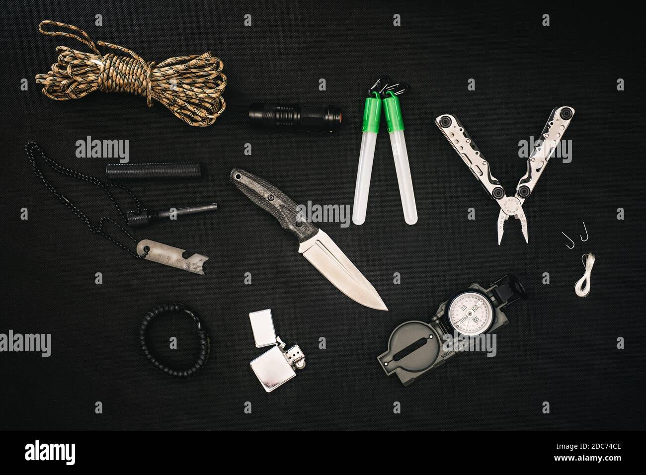 Collection of survival tools in nature Stock Photo