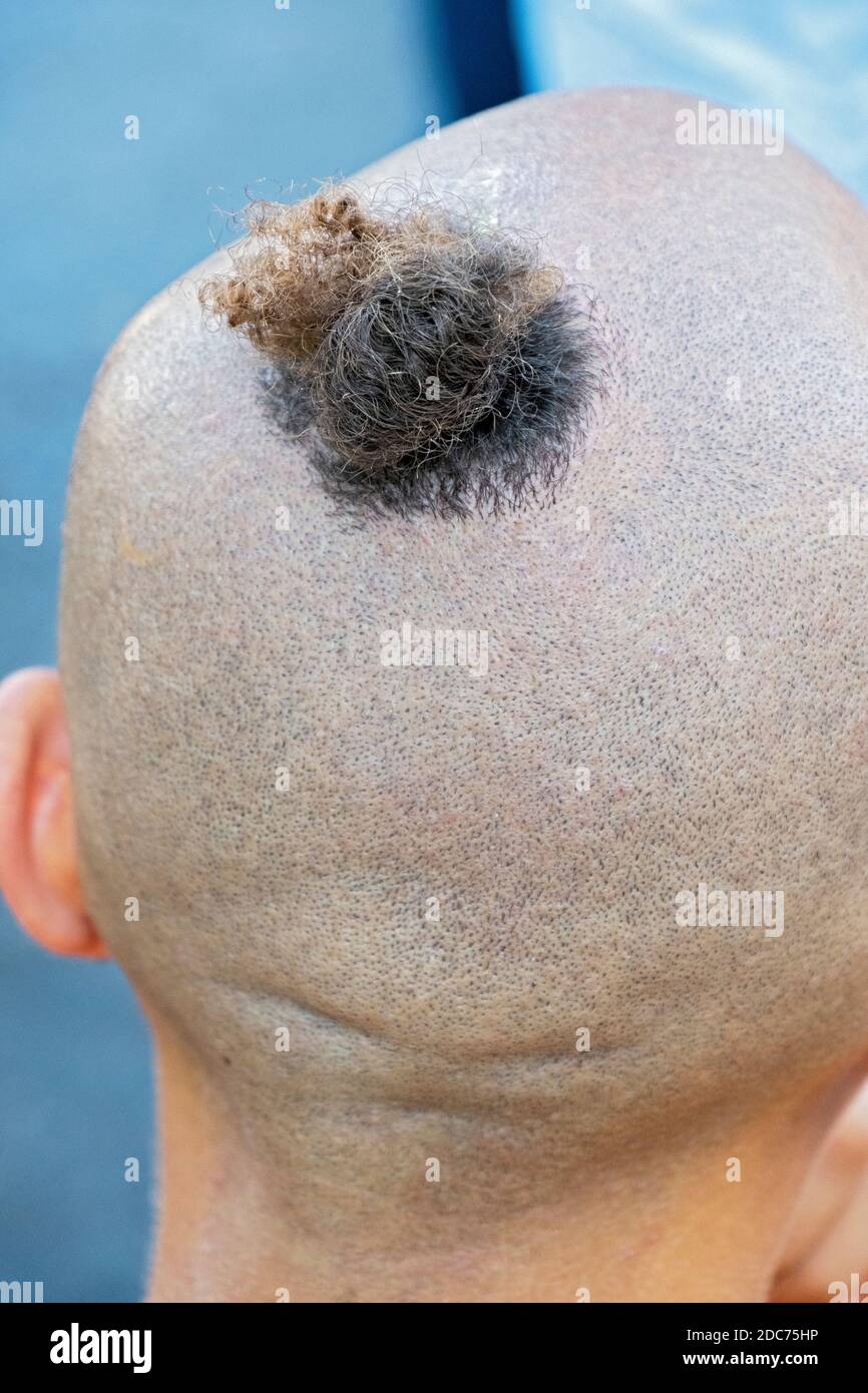 A Hare Krishna devotee photographed from behind shwoing his unusual hair style. In lower Manhattan, New York City. Stock Photo