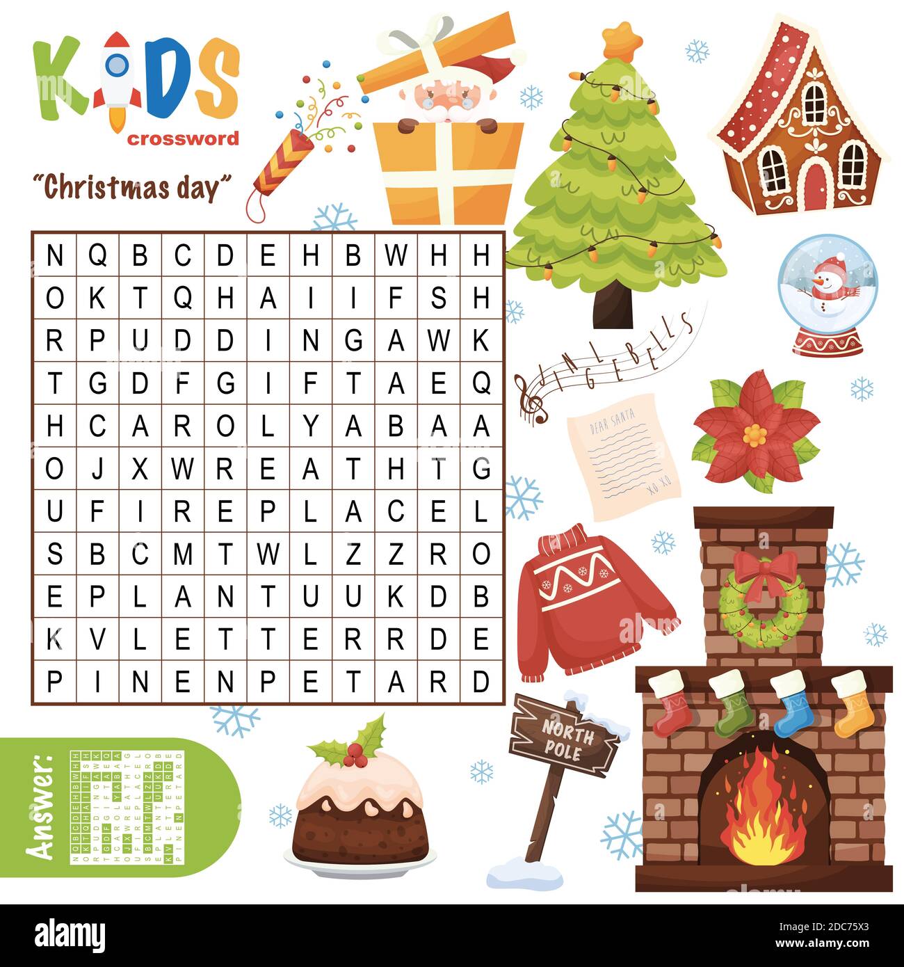 Easy word search crossword puzzle "Christmas day", for children in
