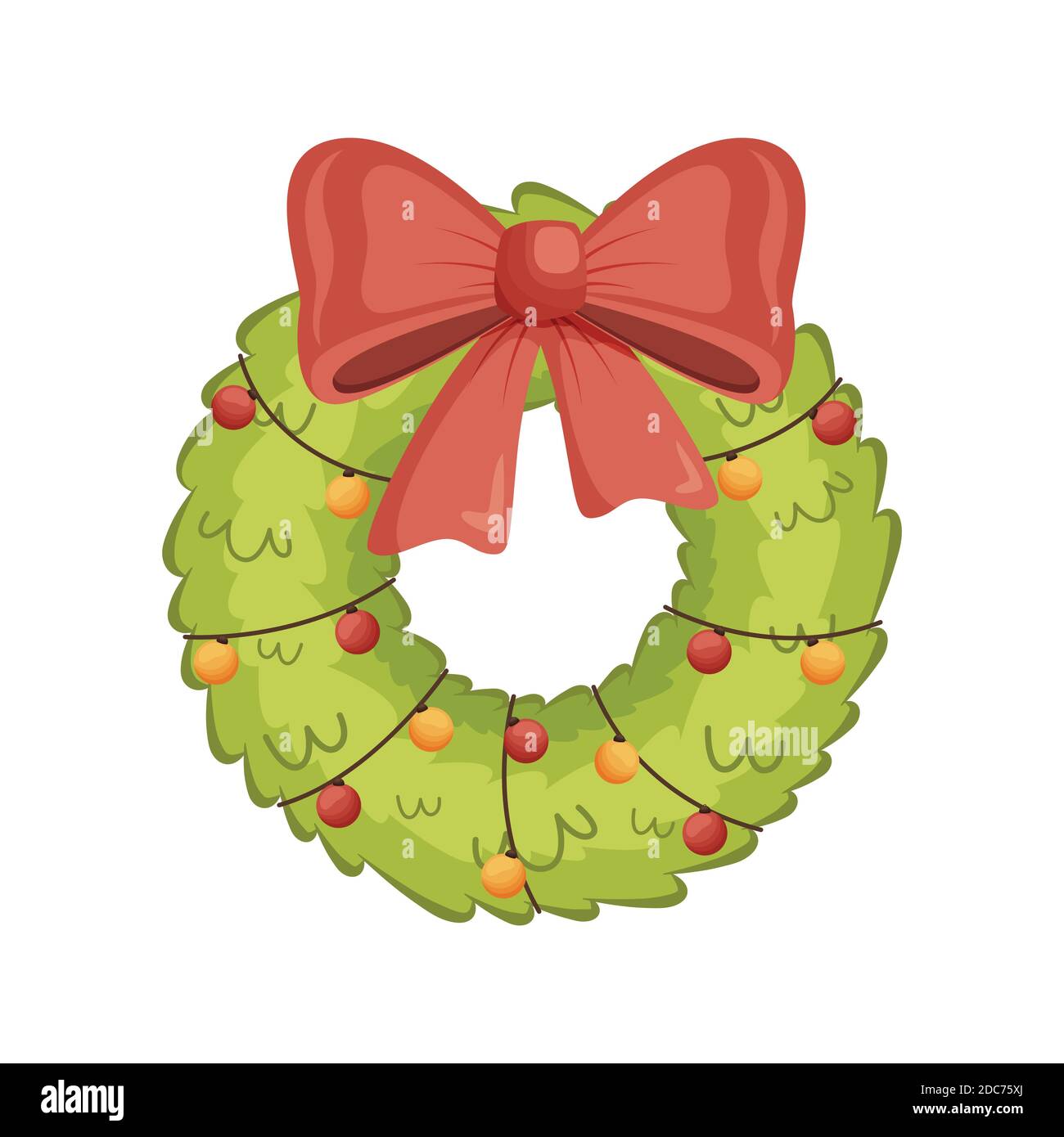 Cartoom decorated Christmas wreath with red bow and lights. Vector