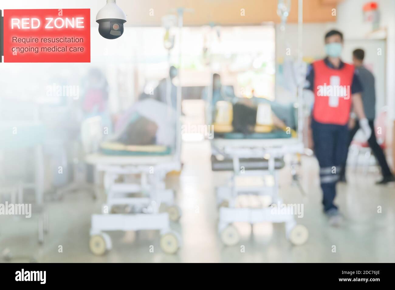 Red Zone Emergency Department on Blurred Hospital background