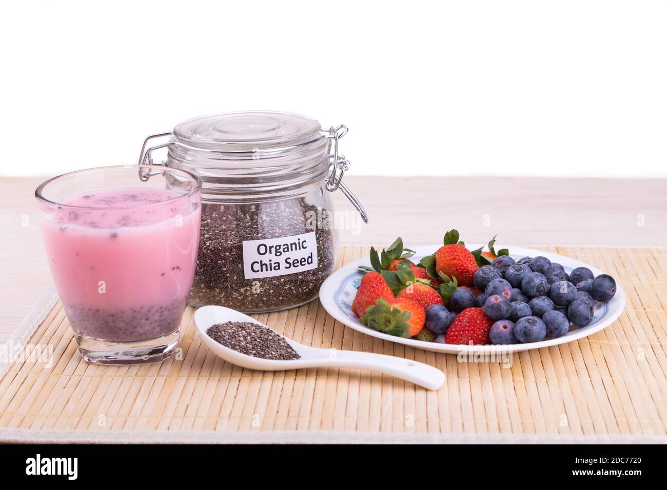 Chia seeds with fresh berries juice, healthy nutritious anti-oxidant superfood drinks Stock Photo