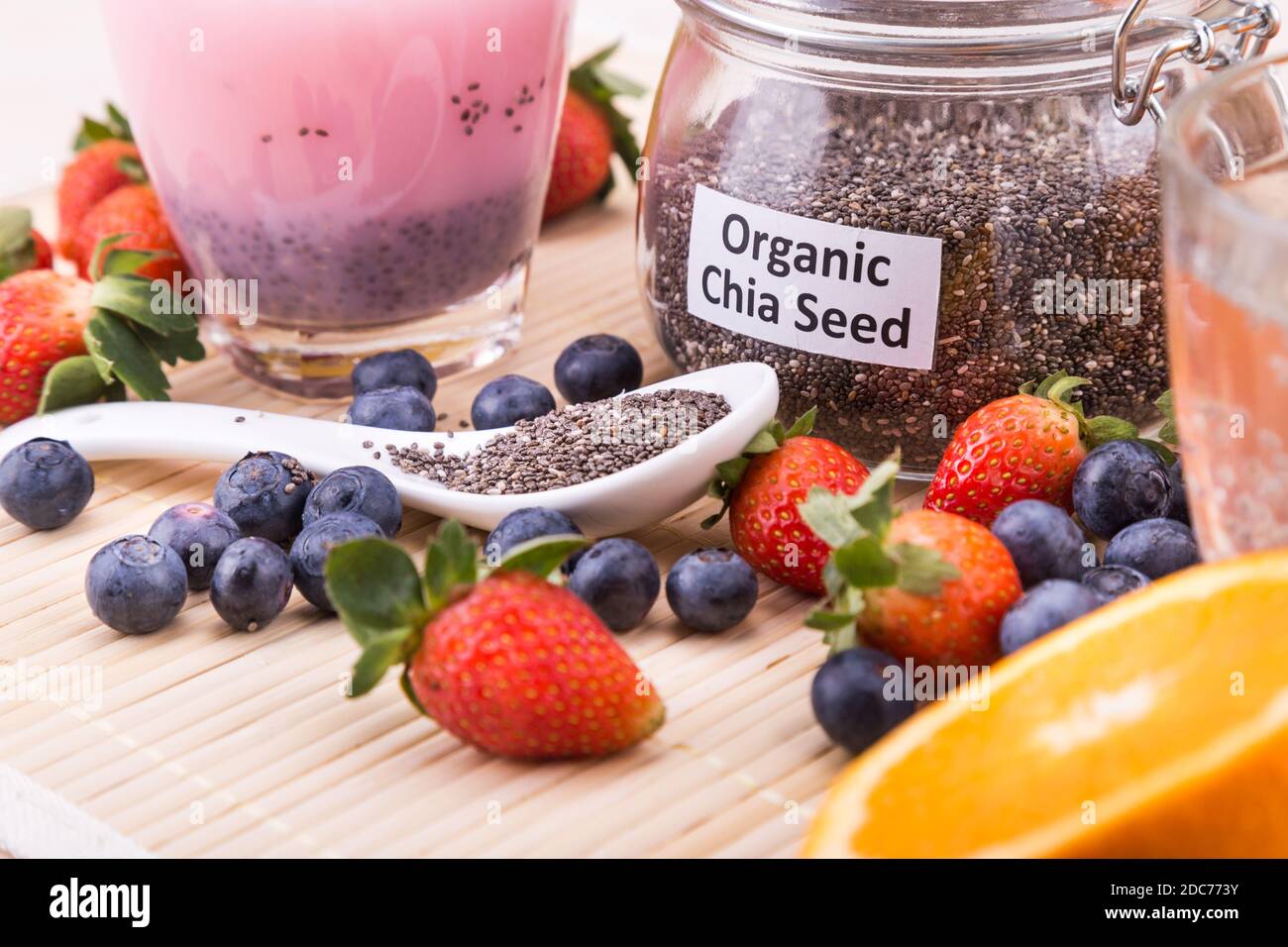 Chia seeds with fresh fruits juice, healthy nutritious anti-oxidant superfood drinks Stock Photo