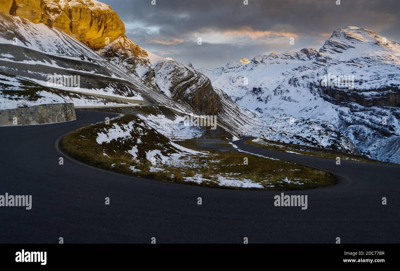 Mountain road curve, Stelvio Pass, Italy Stock Photo