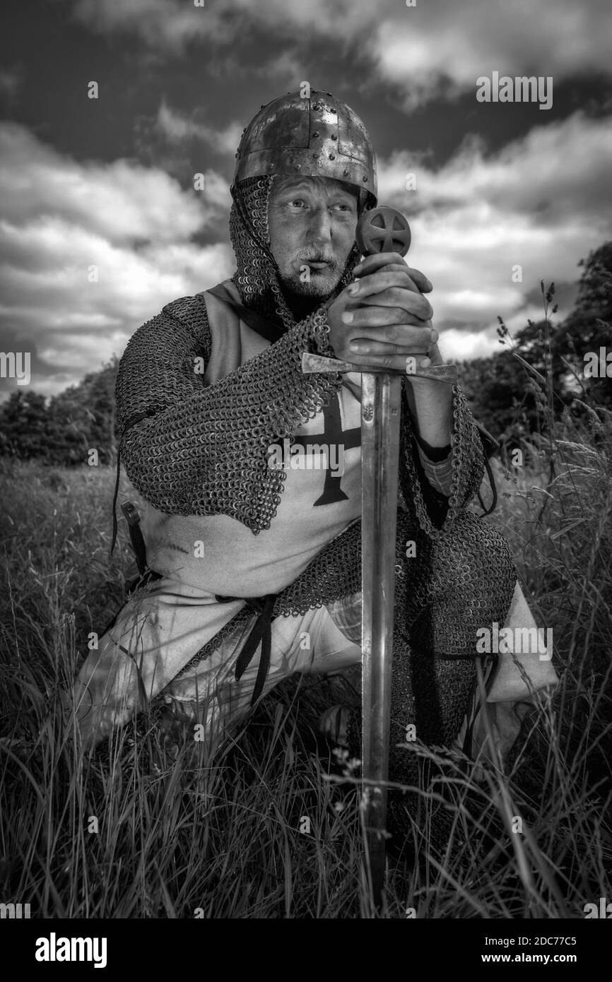 A man dressed as a knights Templar, Esrum Monastery, Northern Zealand. Denmark Stock Photo