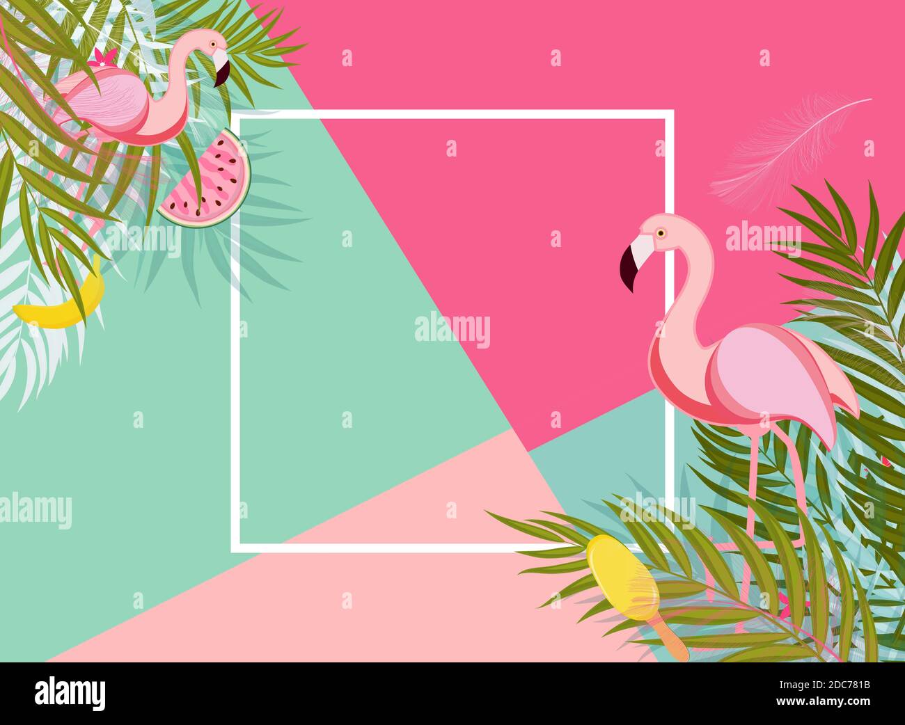Cute Summer Abstract Frame Background with Pink Flamingo Illustration ...