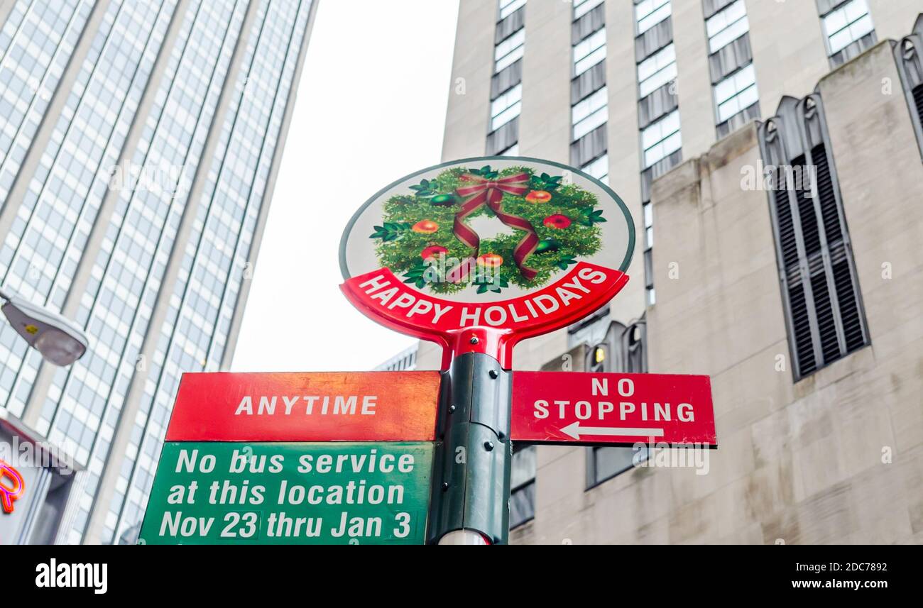 Colorfull Happy Holidays Traffic Sign in Manhattan, New York City, USA Stock Photo