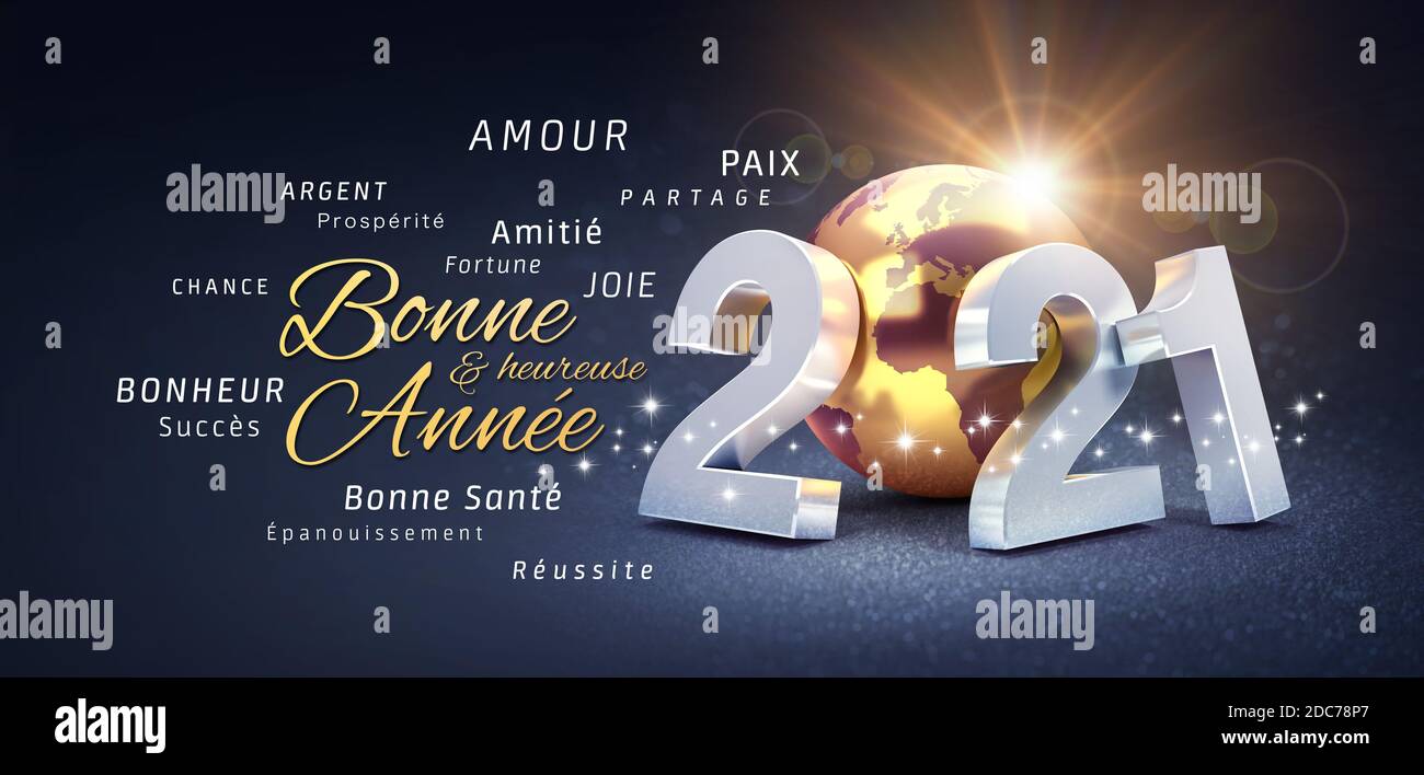 2021 New Year date number, composed with a gold colored planet earth, greetings and best wishes in French language, on a festive black background - 3D Stock Photo