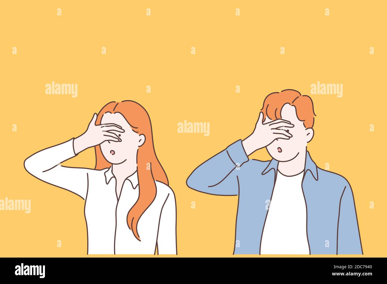 Turning blind eye cartoon concept. Woman and man closing eyes with palm gesture, looking through fingers, people refusing to watch, peeking, avoiding Stock Vector