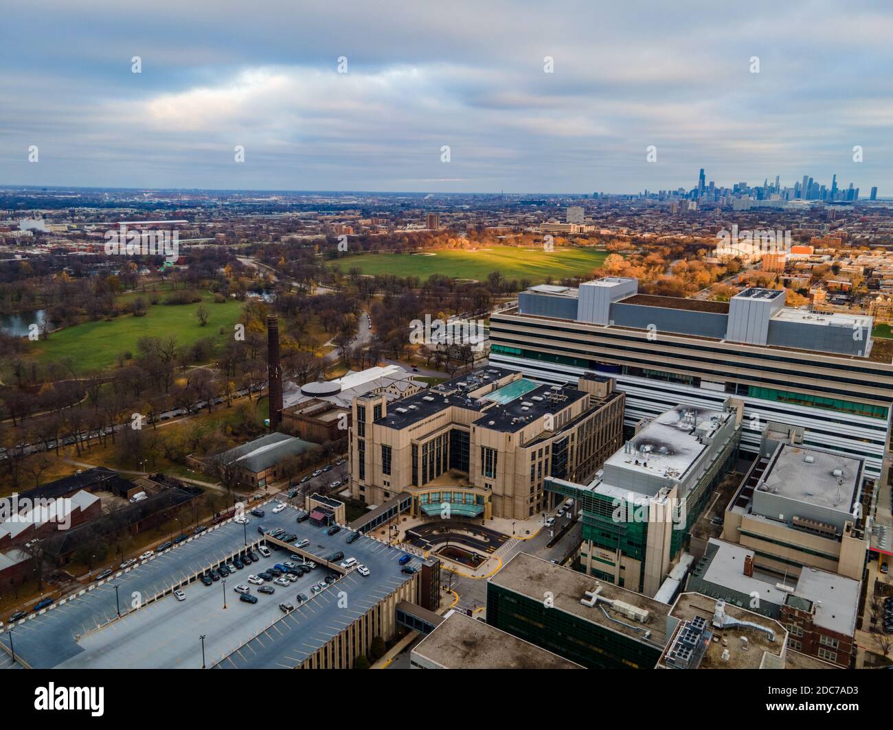 Aerial Views of Chicago Skyline from Bronzeville, Near South Side Stock