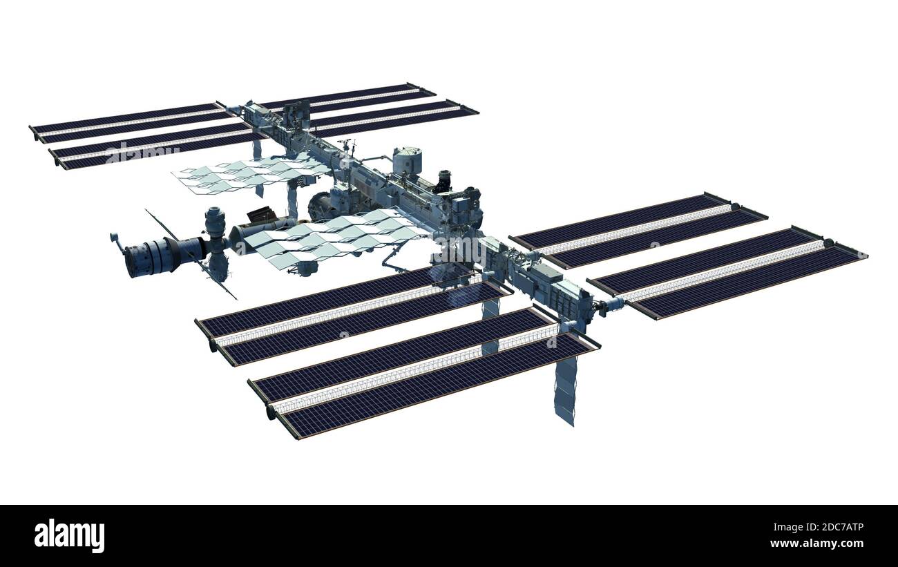 The International Space Station detailed closeup 3D rendering, with