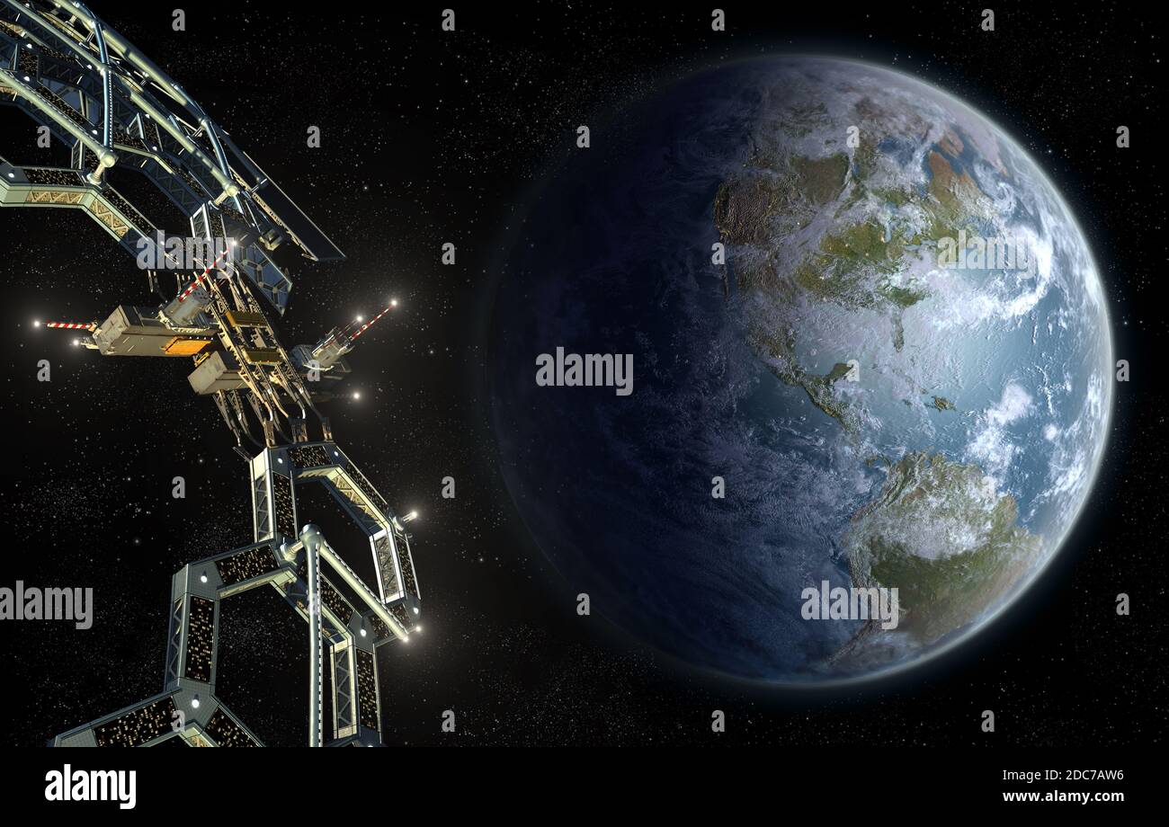 Space station colony as a honeycomb geodesic mega structure in near-Earth orbit, for space exploration backgrounds. Elements of the 3D illustration ar Stock Photo