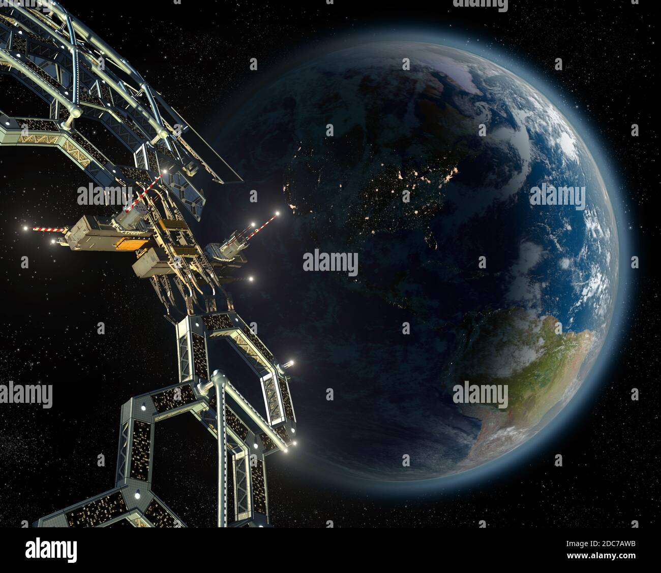 Space station colony as a honeycomb geodesic mega structure in near-Earth orbit, for space exploration backgrounds. Elements of the 3D illustration ar Stock Photo