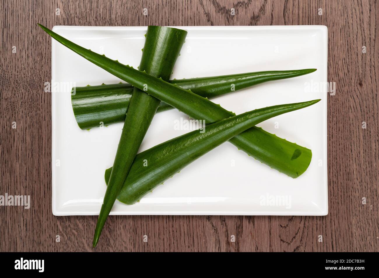 Four green clean elongated leaves of an aloe vera plant lie scattered on a white ceramic plate. Stock Photo
