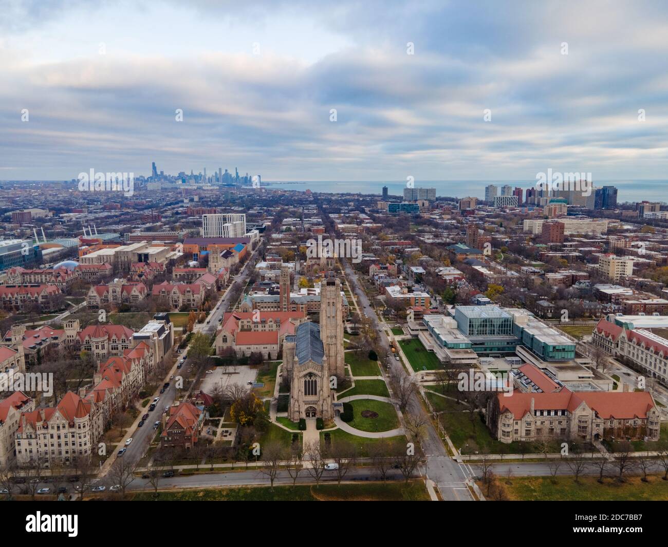 Aerial Views of Far North Side, Chicago + Chicago Skyline Stock Photo