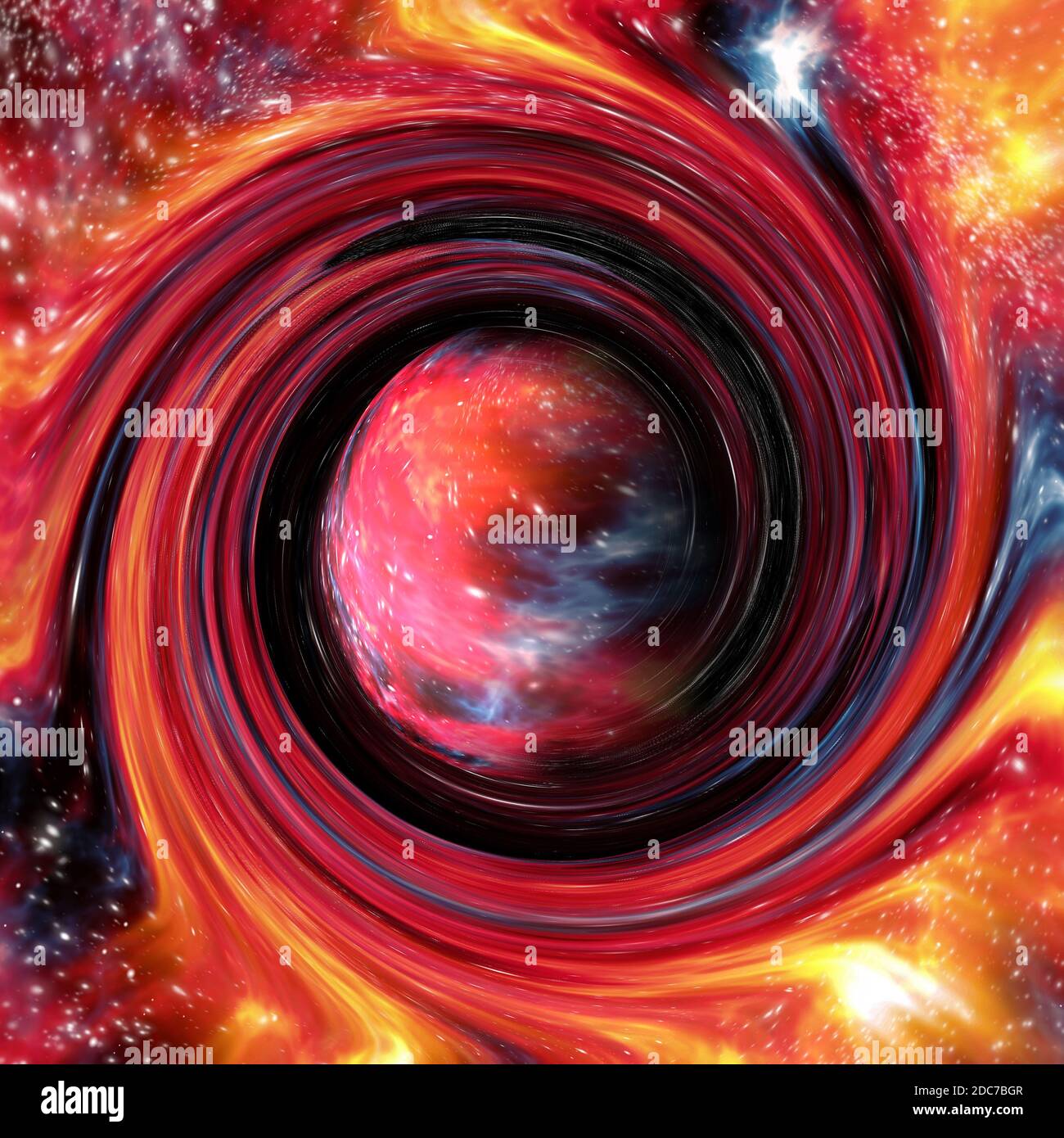 Abstract 3D rendering of an exotic deep space formation with a bulging universe inside a wormhole spiral, for science fiction or interstellar travel w Stock Photo