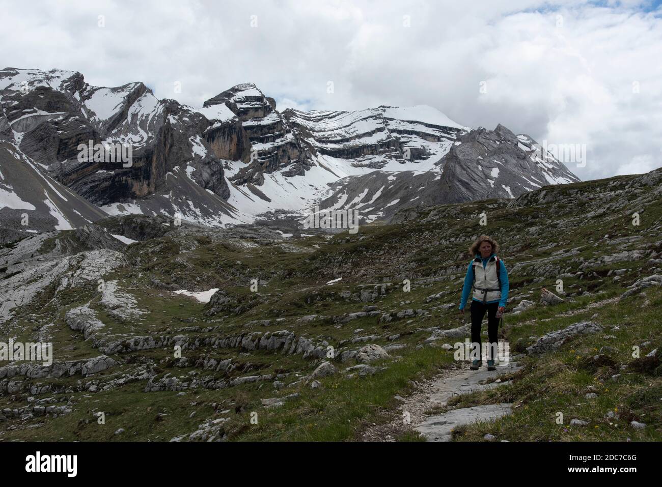 woman hiking in dolomites, val di fanes Stock Photo