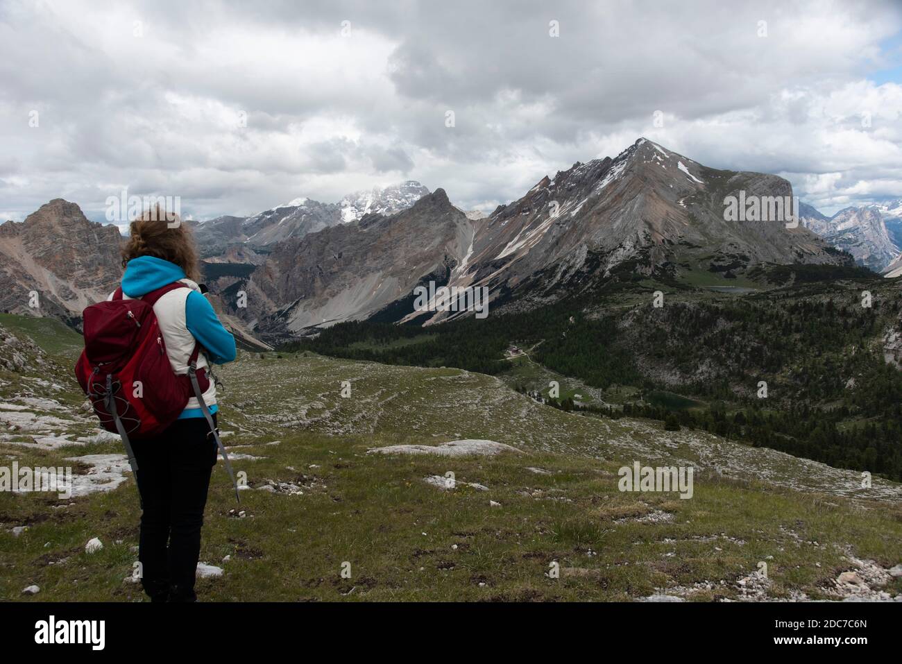 woman hiking in dolomites, val di fanes Stock Photo