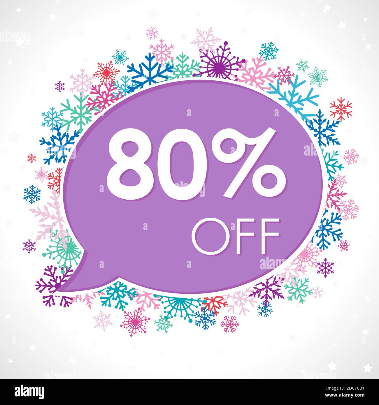 Up to 80%, -80% off winter blue logotype. Talking cloud frame, snow set and white paper background. 80 th years old. 3D speaking bubble. Promotion dig Stock Vector