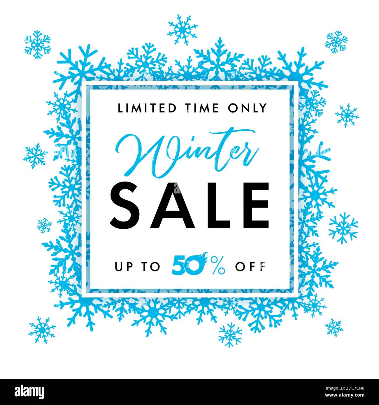 Elegant winter sale banner. Winter sale lettering design with blue  snowflakes in frame and text limited time only sale up to 50% on white  background Stock Vector Image & Art - Alamy