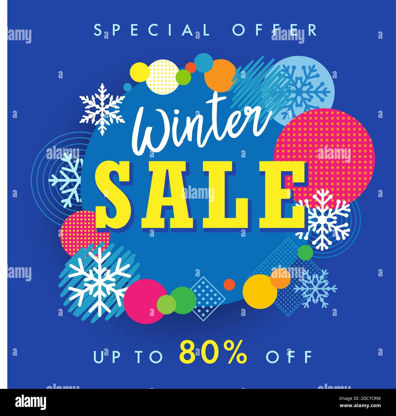 Winter sale special offer banner, colored circle and snow template. Big winter sale special offer up to 80% end of season special offer banner. Vector Stock Vector
