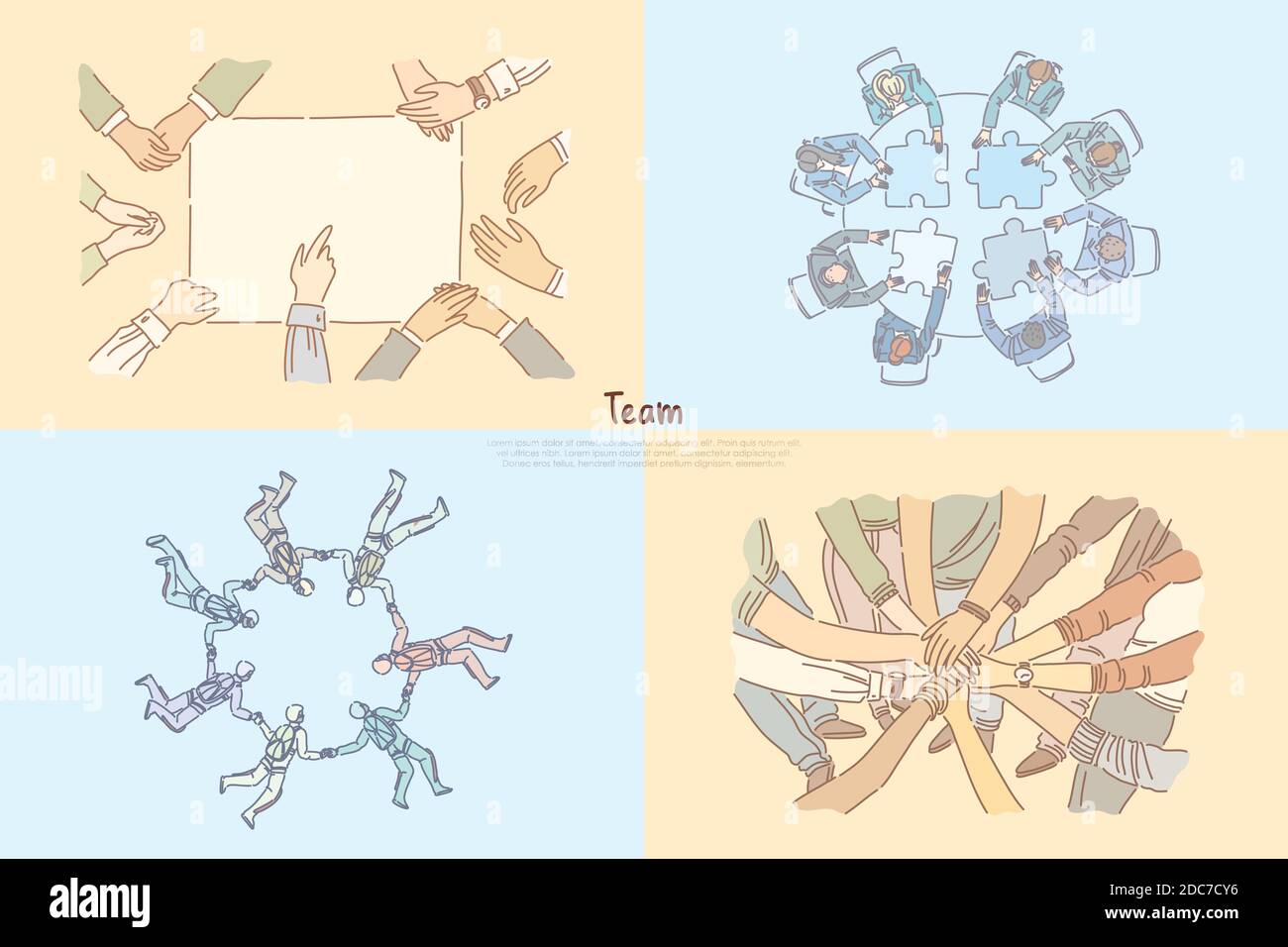 Team building, business partners coworking, office workers brainstorming, skydiving banner template. Teamwork, collaboration, international partnershi Stock Vector