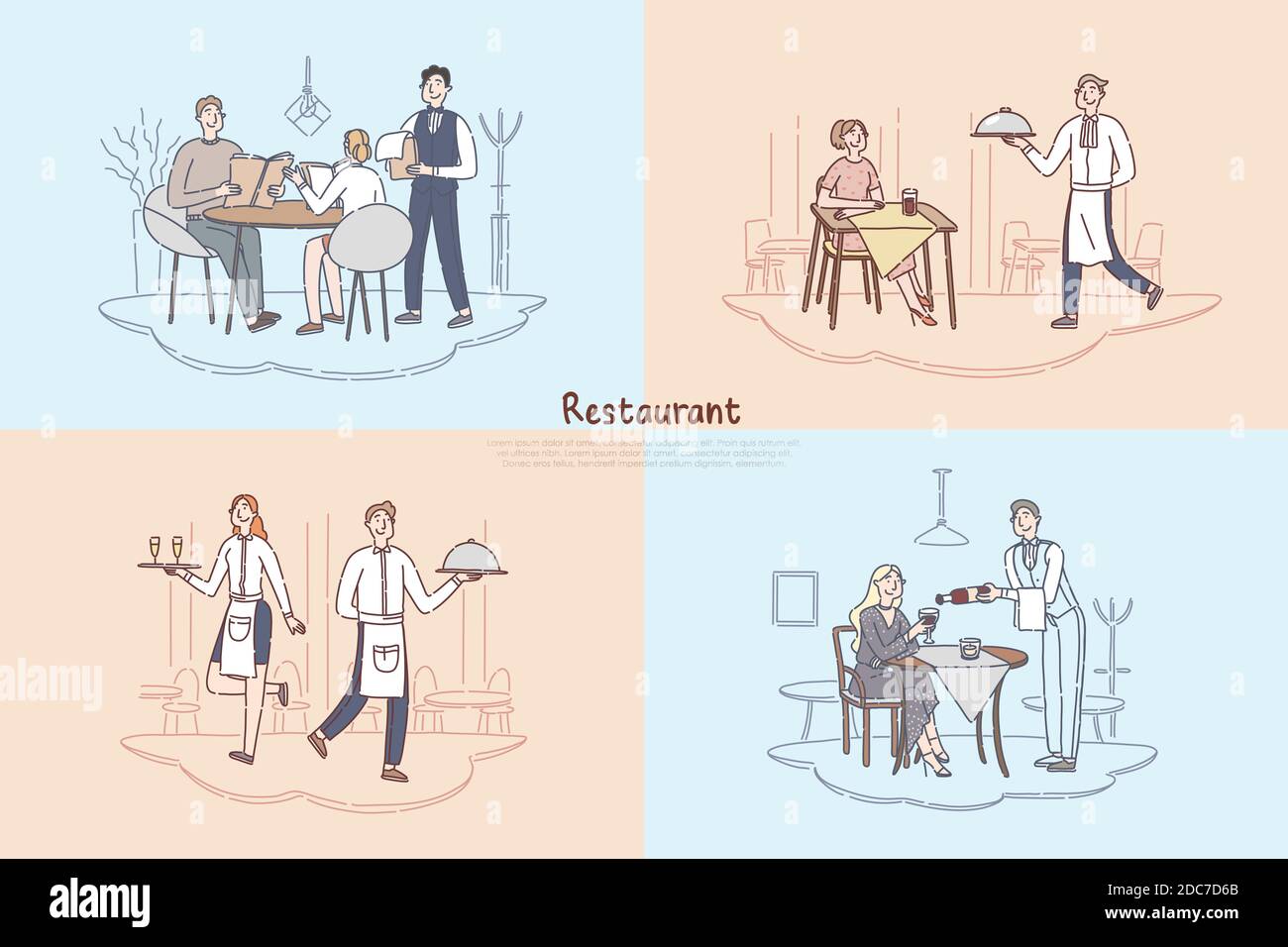 Restaurant staff, cafe waiter and waitress serving, customers making food order, couple sitting at coffee shop table banner. Culinary, catering servic Stock Vector