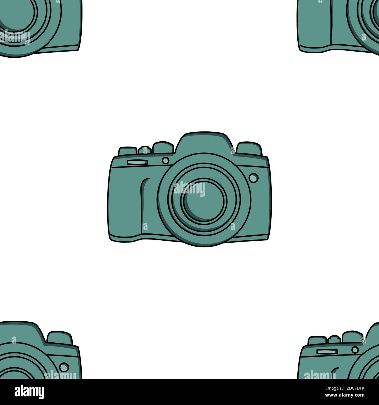 Tidewater green professional camera illustration seamless pattern. Transparent background. Stock Vector