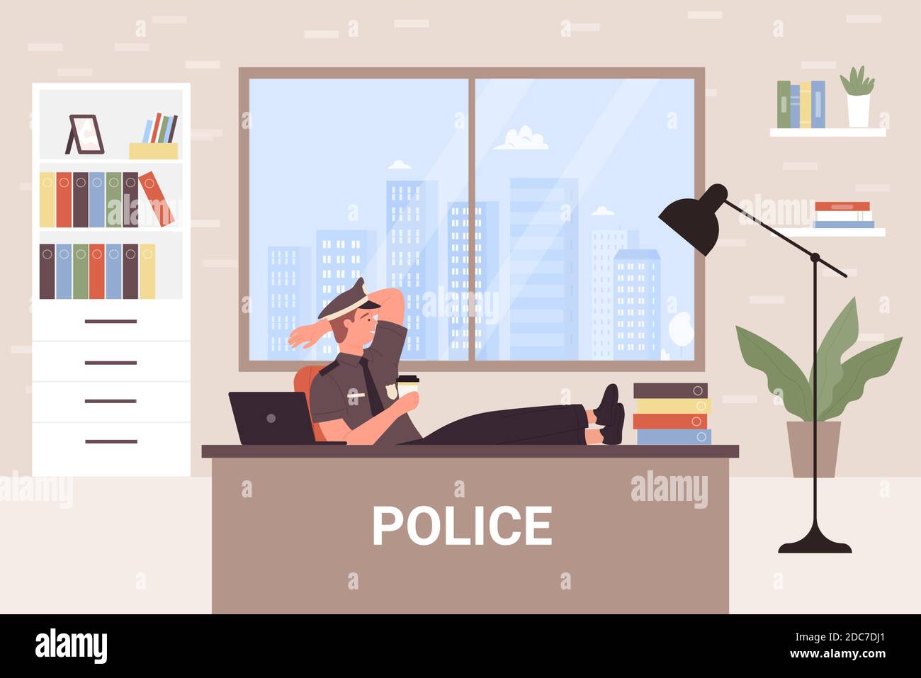 Police office department vector illustration. Cartoon officer detective  worker policeman character sitting at desk and resting, coffee break during  work in police station room interior background Stock Vector Image & Art -