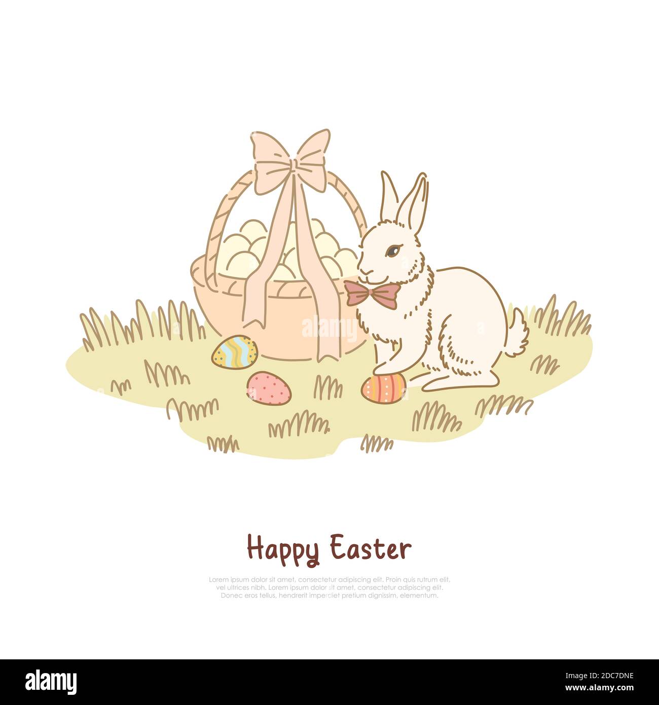 Traditional spring holiday celebration, fluffy paschal rabbit with bow tie, decorated eggs hunting banner. Pysanka basket and cute easter bunny concep Stock Vector