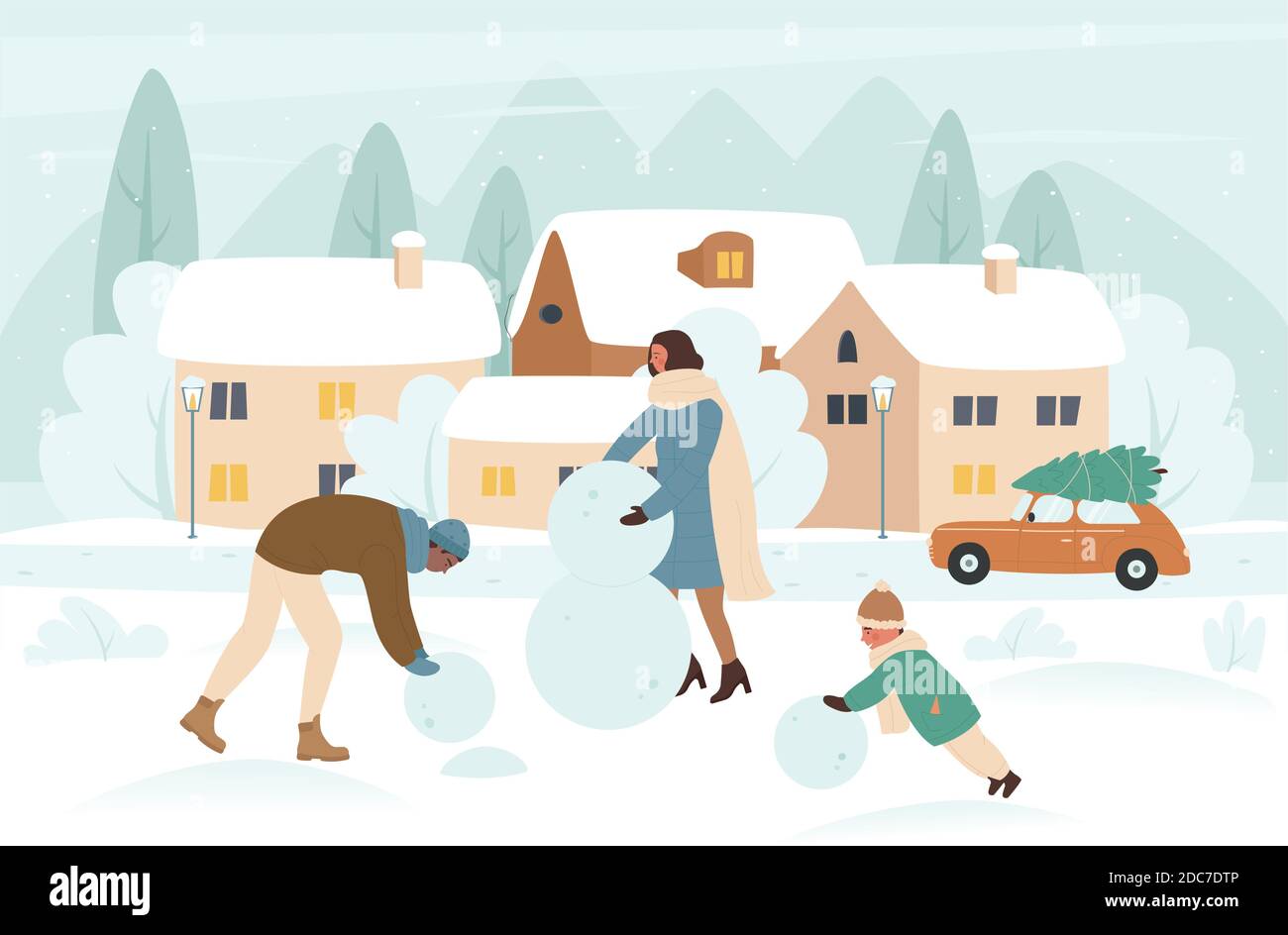Family people making snowman in Christmas winter holiday vector illustration. Cartoon happy father mother and kid boy play together in snowy city park, make Xmas snowman with snow balls background Stock Vector