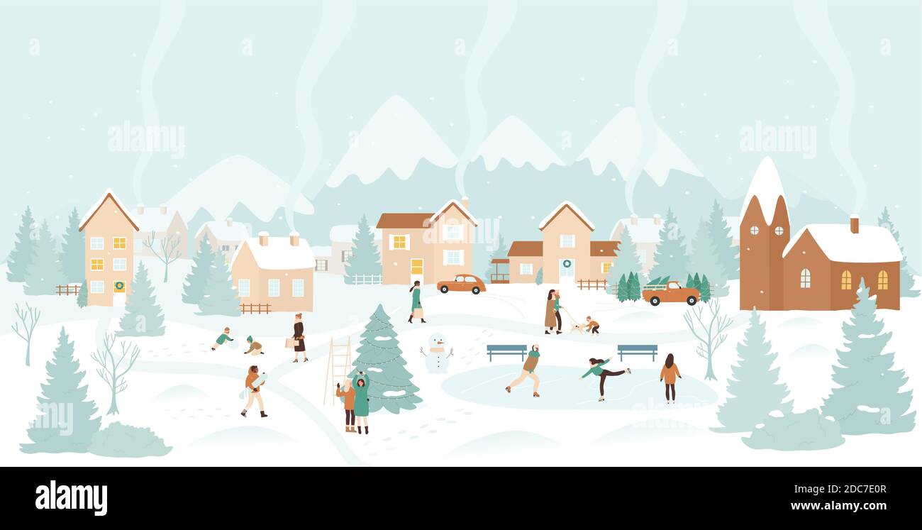 Winter village, snow Christmas landscape vector illustration. Cartoon active people have fun next to Christmas tree, ice skating and playing with snowballs, happy winter outdoor activity background Stock Vector Image & Art - Winter village, snow Christmas landscape vector illustration. Cartoon active people have fun next to Christmas tree, ice skating and playing with snowballs, happy winter outdoor activity background Stock Vector Image & Art -