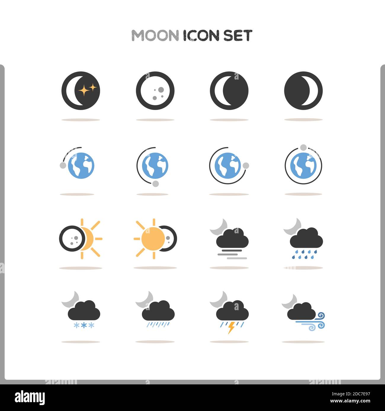 Moon icon set. Color icon set with round shadow. Glyph vector ...