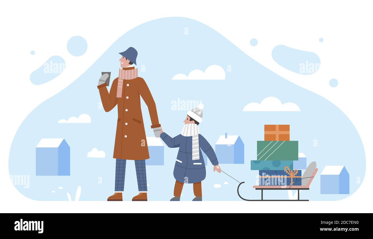 Family people carrying sled with Christmas holidays box gifts vector illustration. Cartoon parent and child wearing in winter clothes, holding glass of hot xmas drink and sleigh isolated on white Stock Vector