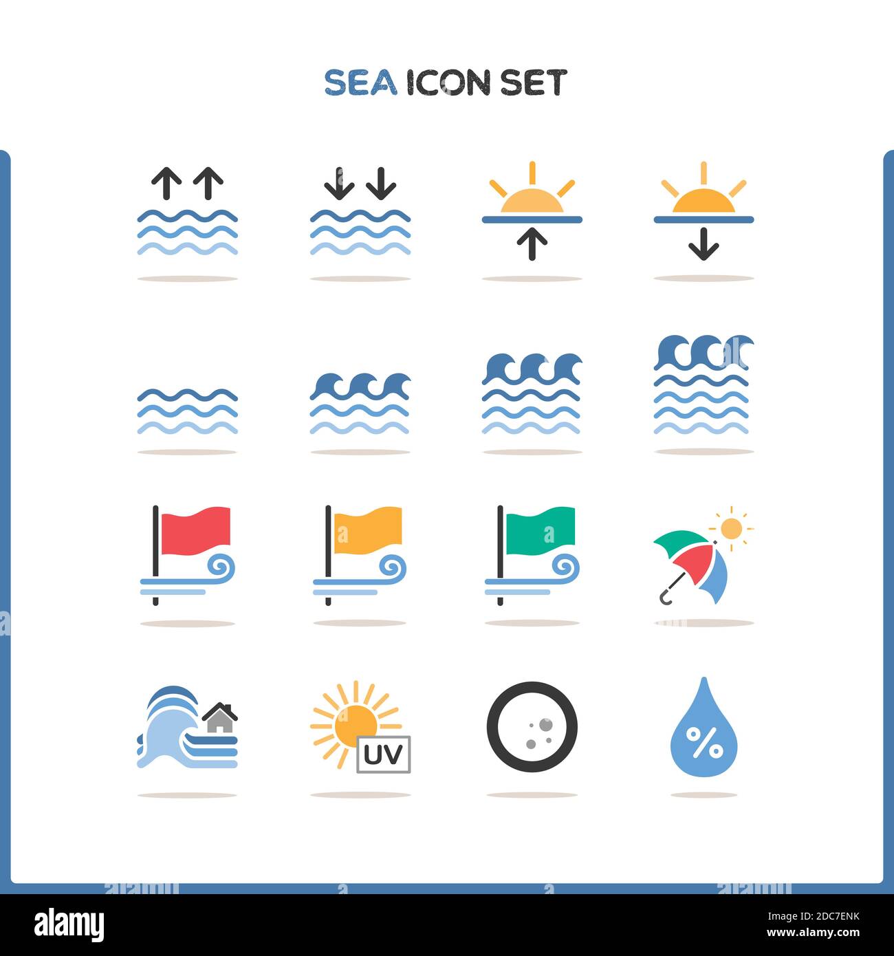 Sea and ocean icon set. Color icon set with round shadow. Glyph vector illustration Stock Vector