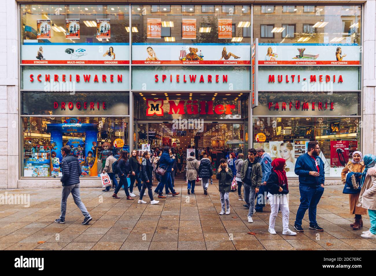 Stuttgart, Germany - October 19, 2019: Entrance to the Muller store in Stuttgart. Muller Ltd. & Co. KG is a chain of retail stores, headquartered in U Stock Photo