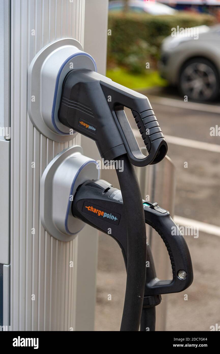 Grantham, Lincolnshire. An Instavolt electric car charging point, plugs