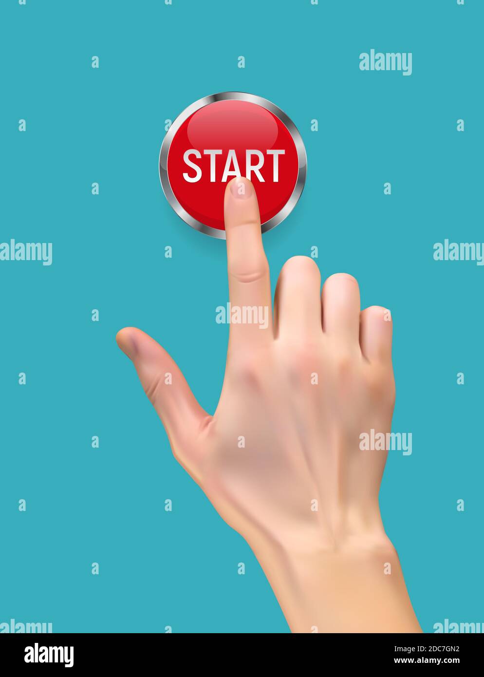 Realistic 3D Silhouette of hand with inger pressing a red stop button ...