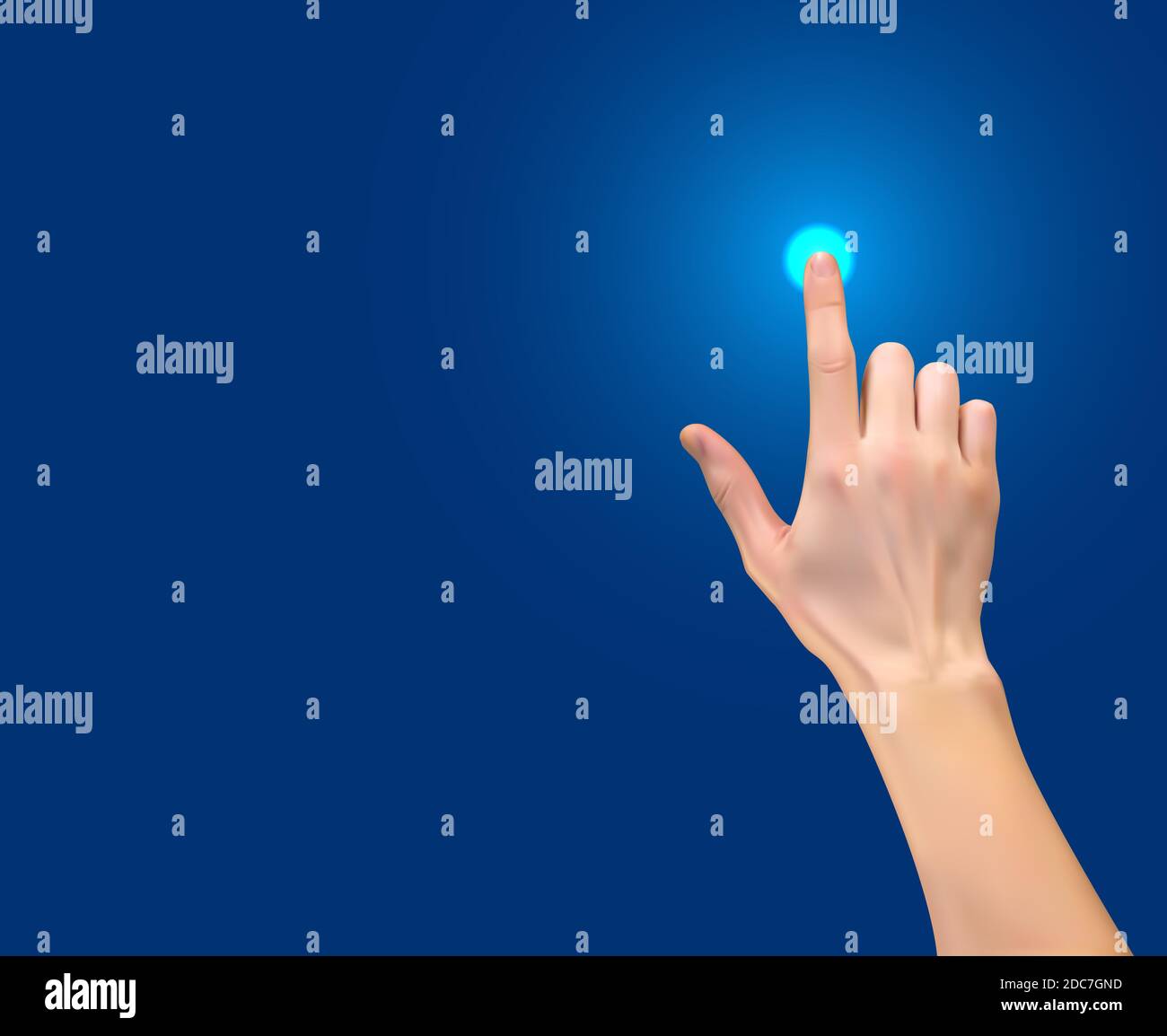 Realistic 3D Silhouette of hand with inger pressing a button on Blue ...