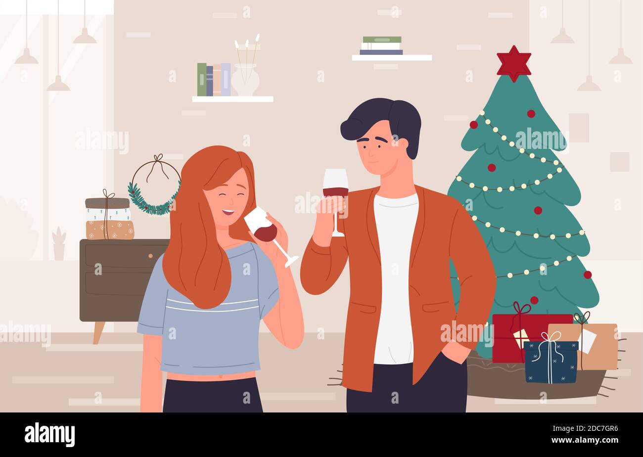 Christmas, Happy New Year holidays celebration at home vector illustration. Cartoon happy man woman couple characters drink red wine from glasses, celebrating in living room home interior background Stock Vector