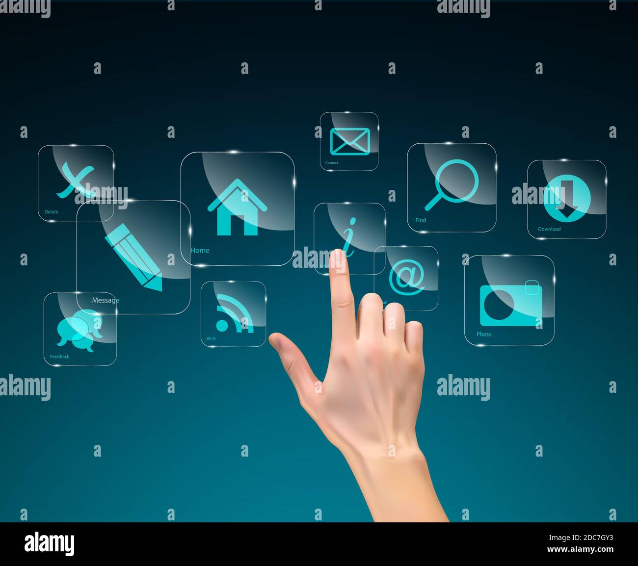 Realistic 3D Silhouette of hand with inger pressing a button on Blue ...