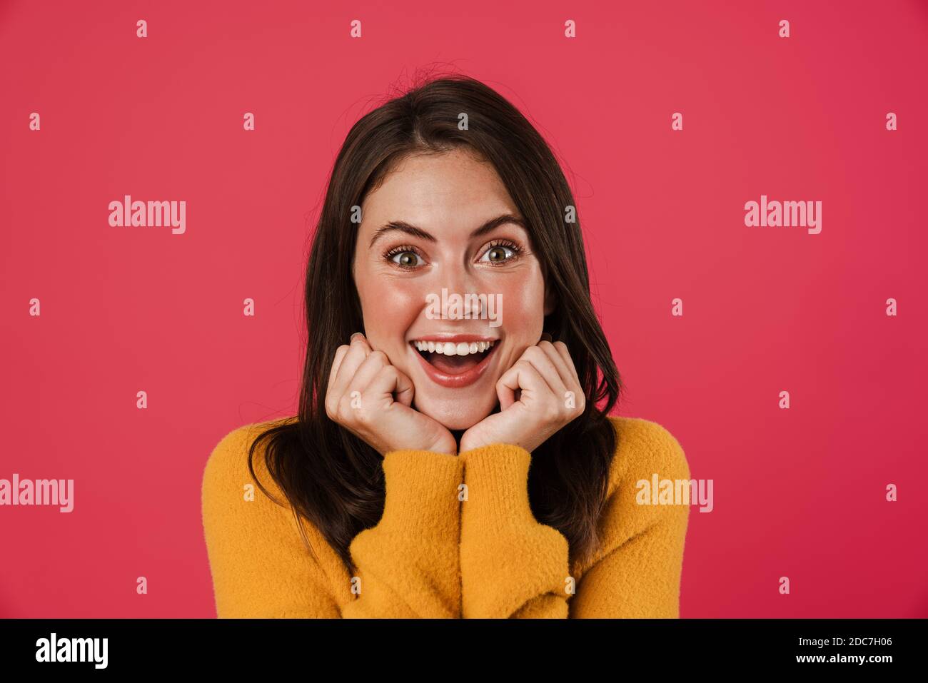 Image of excited beautiful girl expressing surprise on camera isolated ...