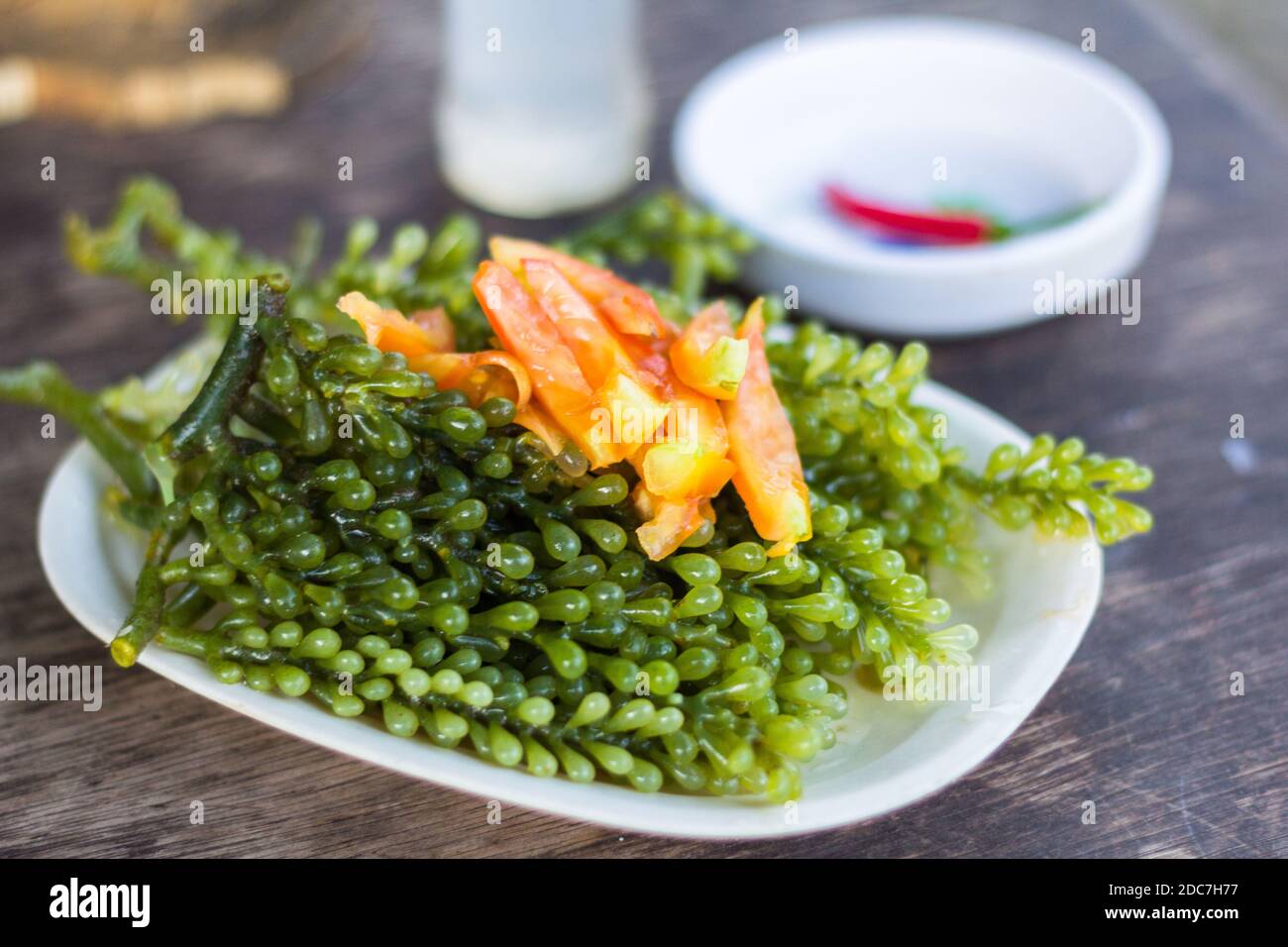 Fresh sea grapes served at a restaurant in Palawan, Philippines Stock