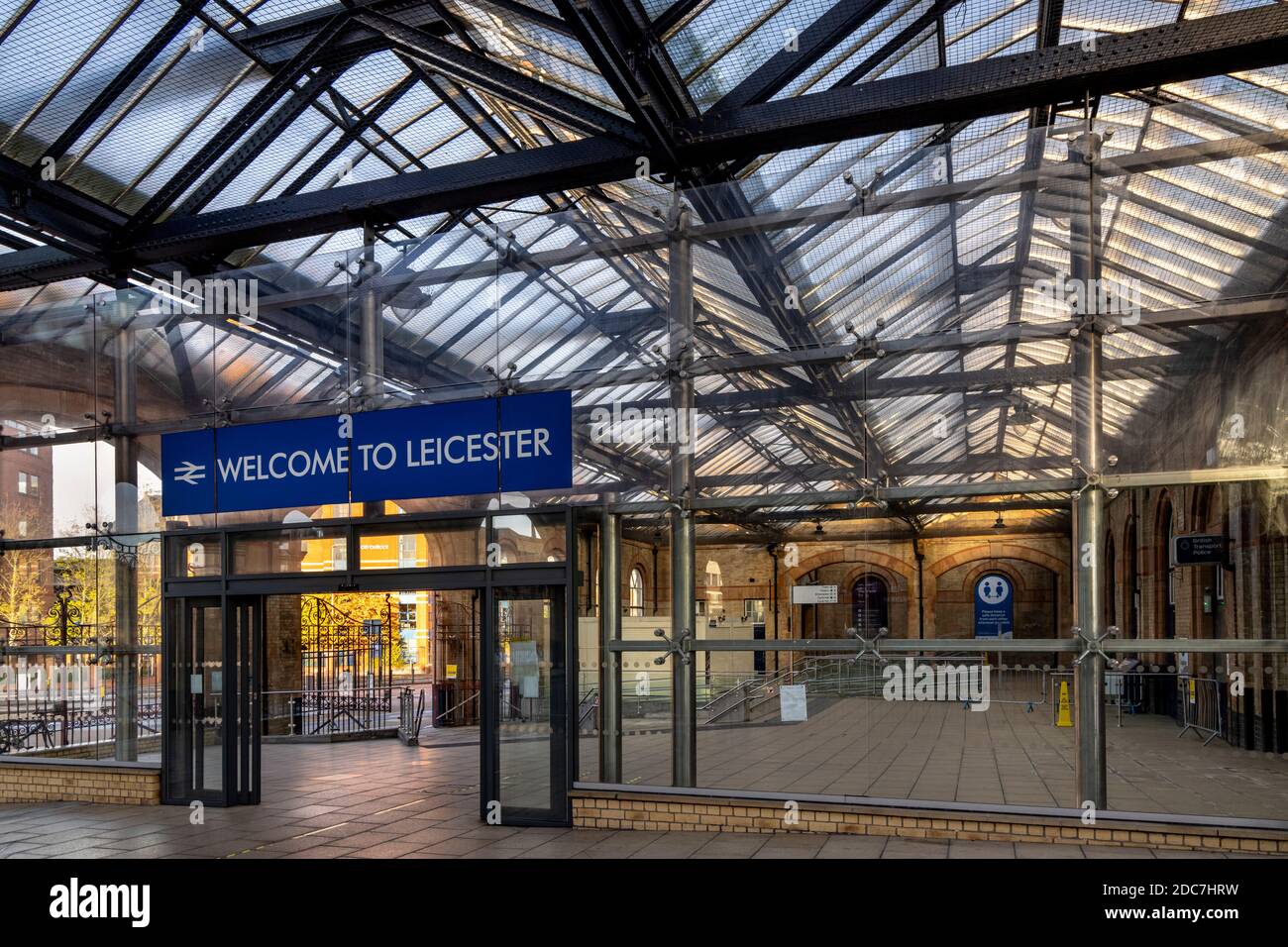 'Welcome To Leicester' sign in Leicester Railway Station, Leicester, England Stock Photo