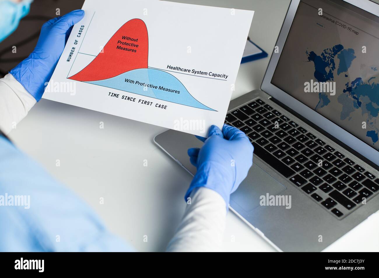 Doctor wearing protective gloves holding Flatten the Curve chart, sitting at desk in front of laptop computer, Coronavirus COVID-19 global pandemic Stock Photo