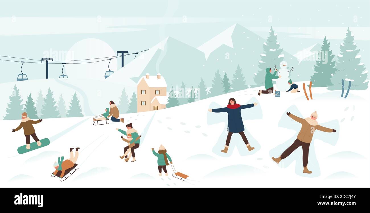 People enjoy winter sports on Christmas holidays in snow mountain landscape vector illustration. Cartoon family or friend characters snowboarding sledding downhill, making snowman xmas background Stock Vector