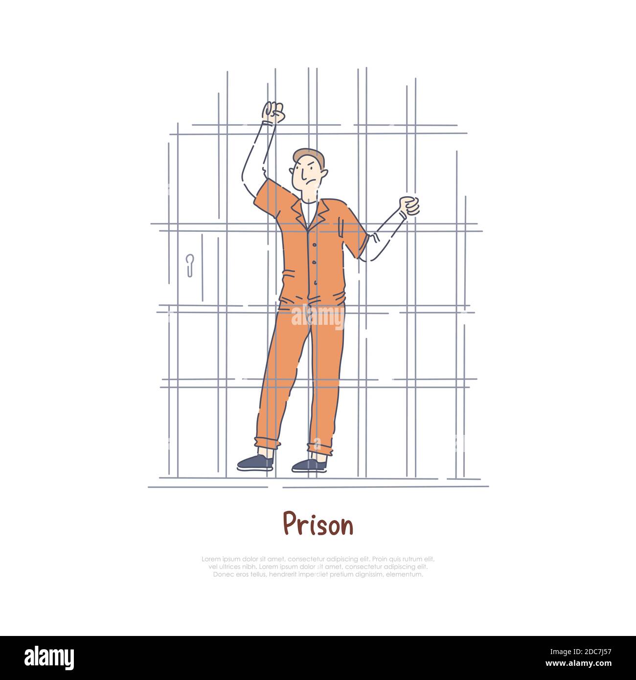 Prisoner behind bars, inmate in jail cell, sentenced man in orange jumpsuit, criminal imprisonment banner. Penitentiary, justice and punishment concep Stock Vector