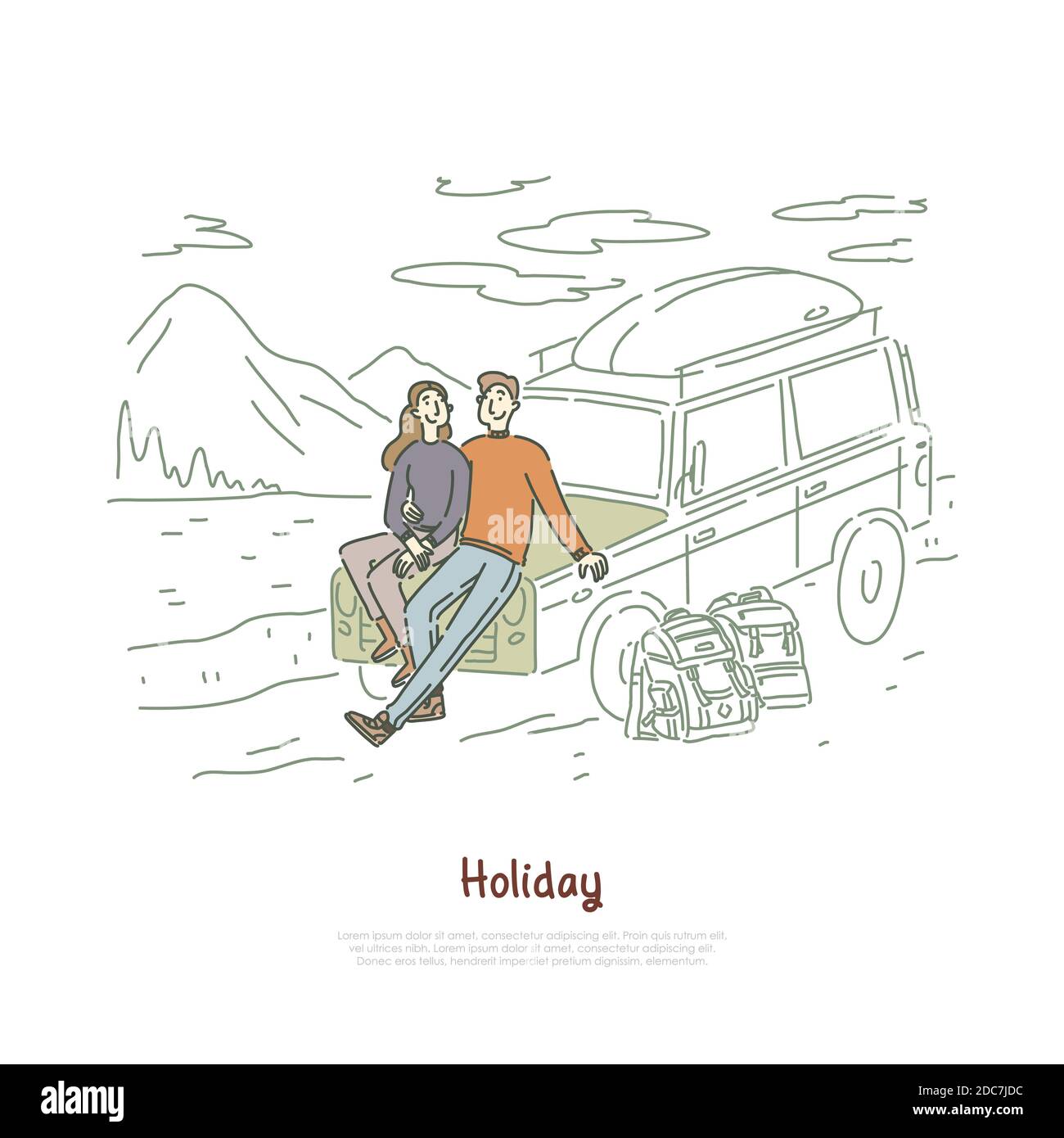 Road trip, couple in love on holiday, honeymoon vacation, backpackers, boyfriend and girlfriend sitting on hood banner. Trekking, hiking, journey conc Stock Vector