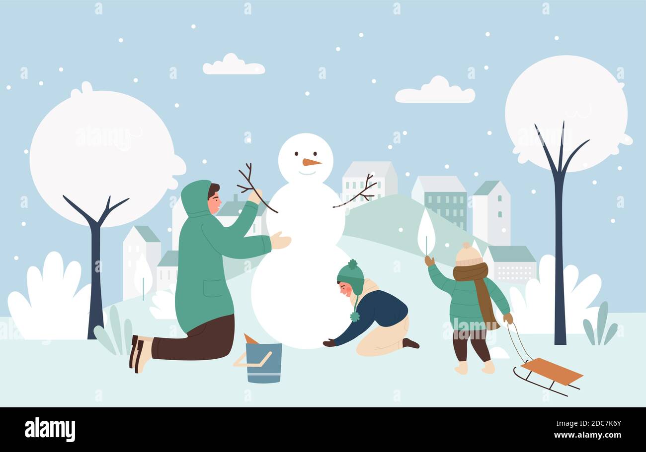 Family people make Christmas snowman together vector illustration. Cartoon active parent and children making funny Xmas snowman from snow balls, Christmas winter outdoor activity in nature background Stock Vector