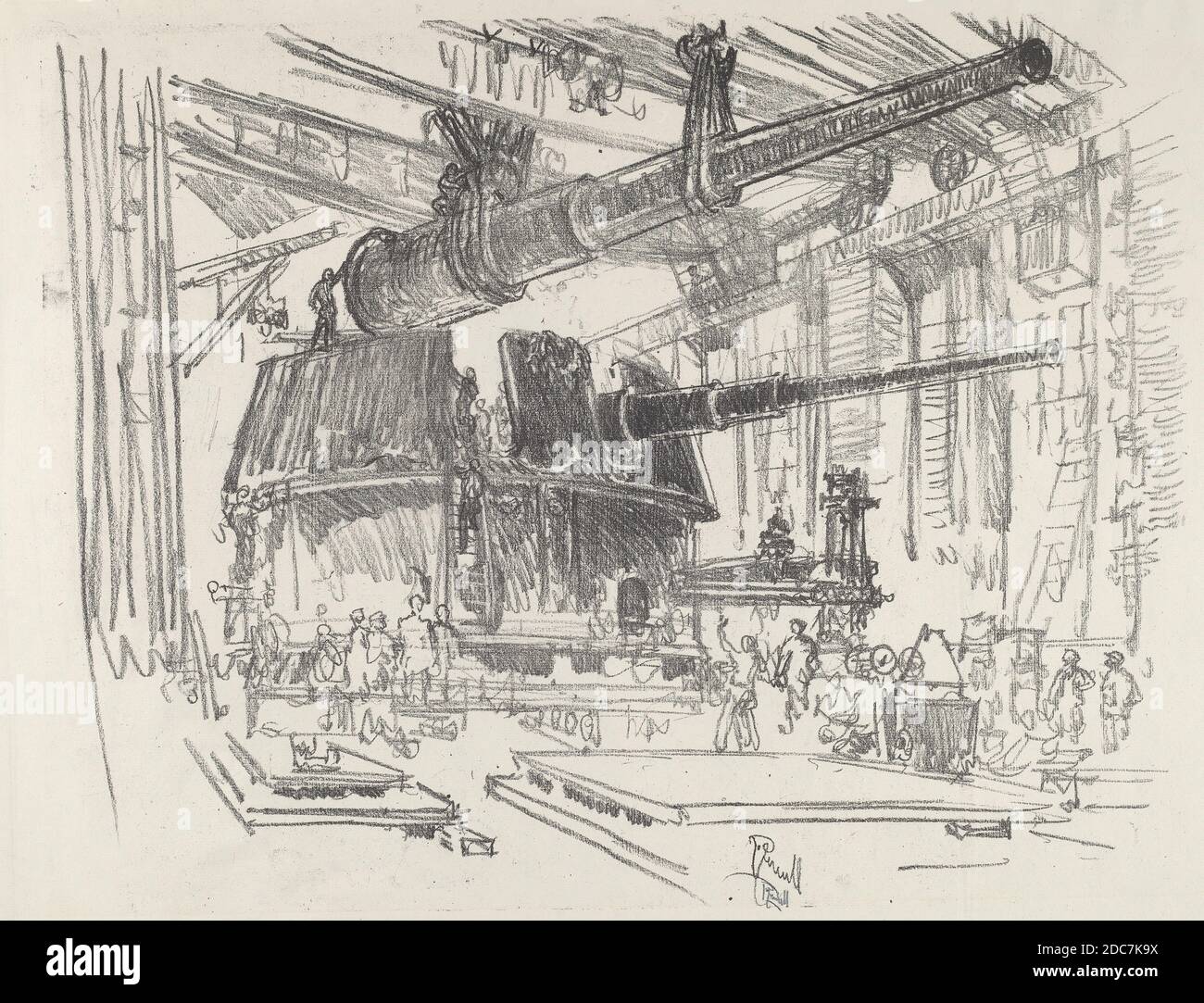 Joseph Pennell, (artist), American, 1857 - 1926, Fitting Guns in Turrets, English War Work, (series), 1916, lithograph Stock Photo